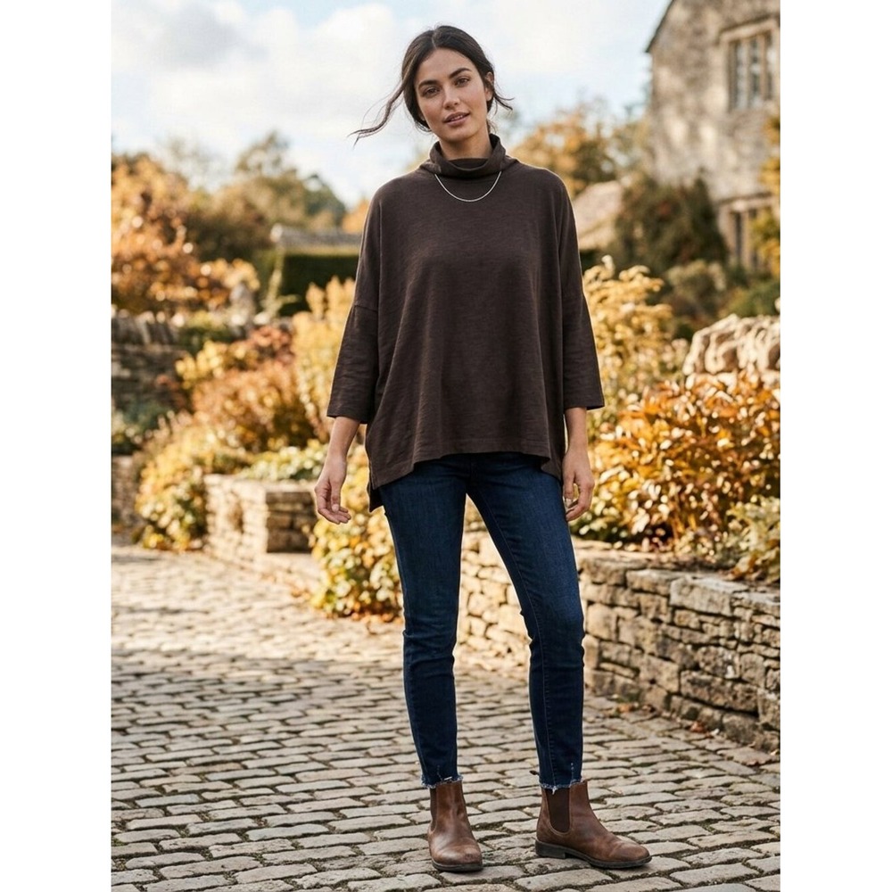 Mersea Womens Espresso Brown Cotton Slub Mock Neck Poncho Top One Size OS